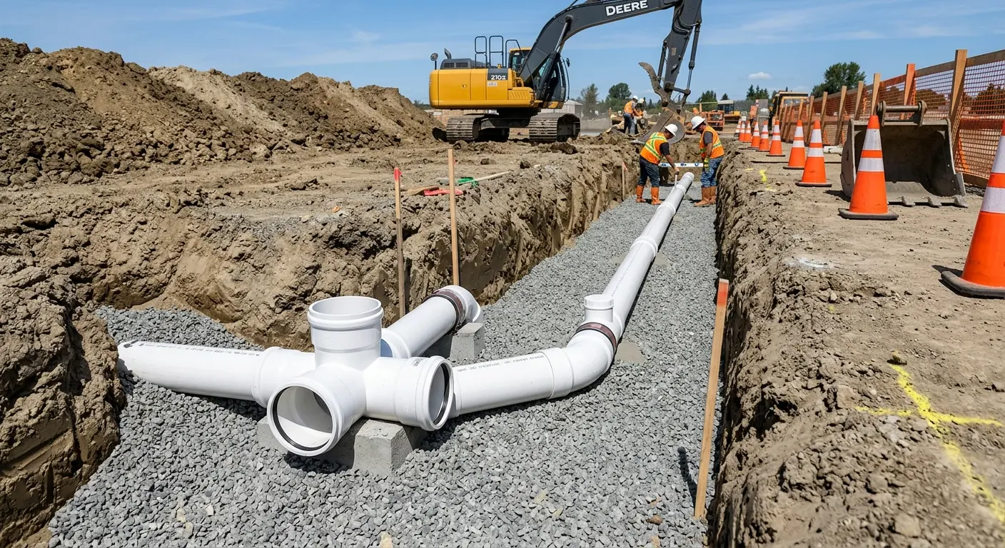 New PVC sewer pipe installation in open trench for Sewer Backup in Christiansburg