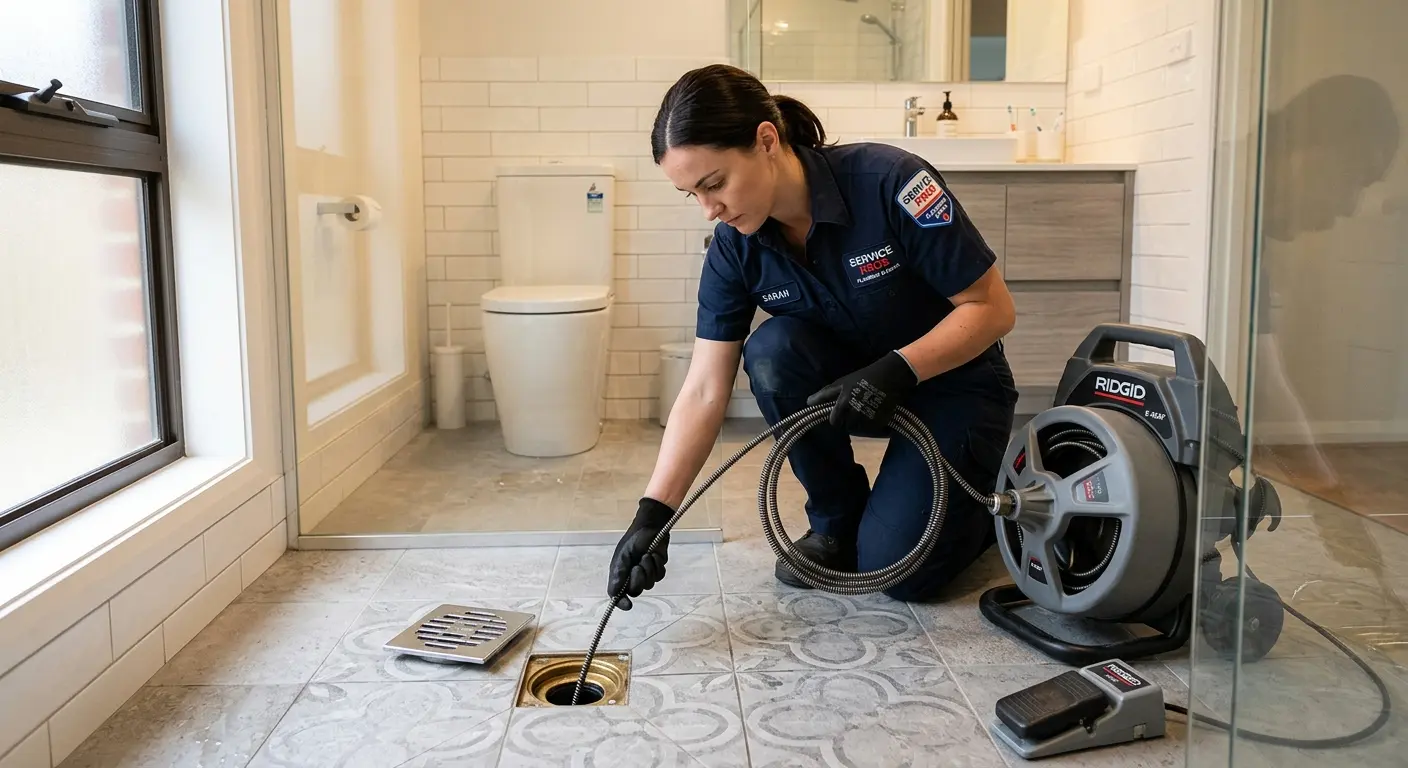 Technician clearing a bathroom floor drain for Drain Cleaning in Christiansburg
